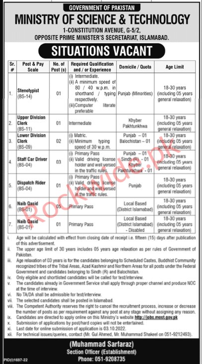 Government of Pakistan Ministry of Science And Technology Jobs